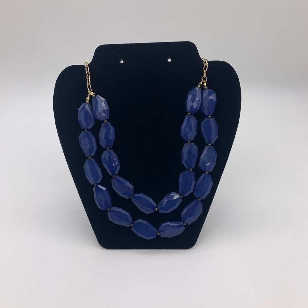 Vtg. Light/Dark Blue Ice Translucent Geometric Faced Layered Beaded Necklace 22”